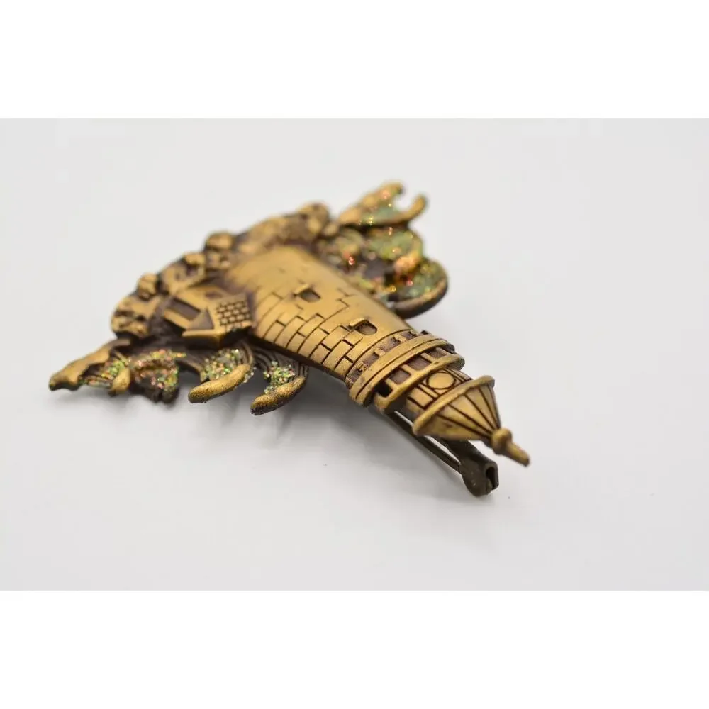 JJ Vintage Lighthouse Pin Brooch Glitter Beach Waves Bronze Signed 1980s BinAH